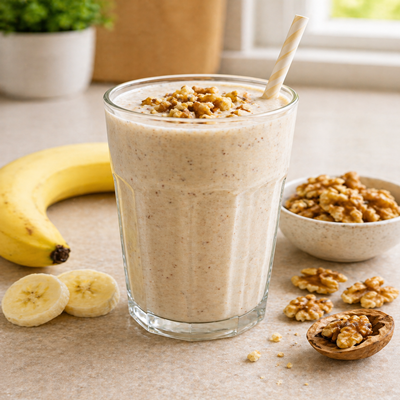 Milkshake met banaan en walnoten in glas