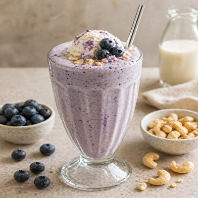 Bosbessen milkshake met yoghurt en noten topping