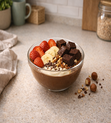 Brownie Bliss Bowl met romige chocolade en gezonde toppings, ideaal dessert recept.