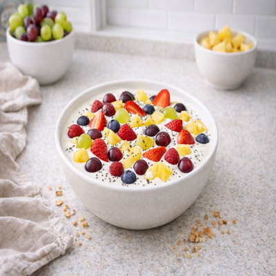 Romige fruitsalade met Griekse yoghurt, blauwe druiven, mandarijnen en pistachenoten (Fruit chantelle salade)