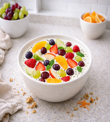 Een romige salade met yoghurt, aardbeien, blauwe bessen en ananas (Fruit bavarois salade)