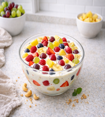 Een romige fruitsalade recept met mango, mascarpone, honing en banaan (Fruit la créme salade)