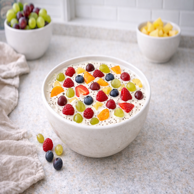 Fruit Soufflé salade met romige saus en fruit – luchtige romige fruitsalade