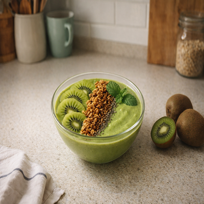 Kiwi Breeze Bowl met kiwi en tropisch fruit – lichte en gezonde groene bowl.