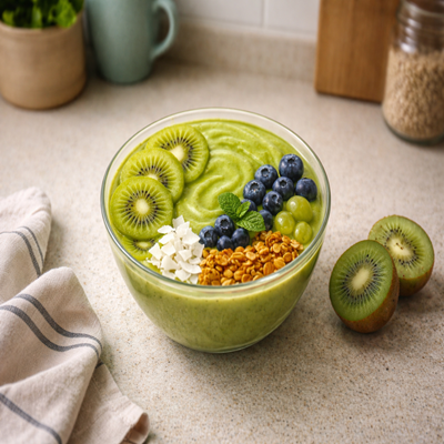 Kiwi Kiss Bowl met kiwi en fruit – gezonde en verfrissende smoothie bowl.