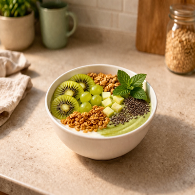 Minty Glow Bowl met munt, kiwi en fruit – verfrissende groene bowl.