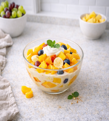 Romige Zon salade met yoghurt en kleurrijk fruit – gezonde en frisse fruitsalade.