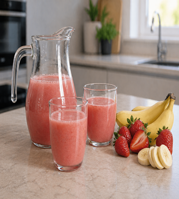 verse aardbei banaan sap in glazen met vers fruit op keukenblad