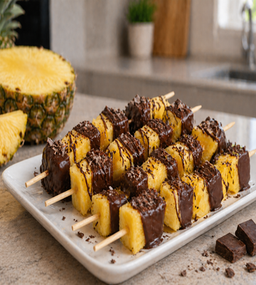 Ananas spiesjes met chocolade en kokos topping