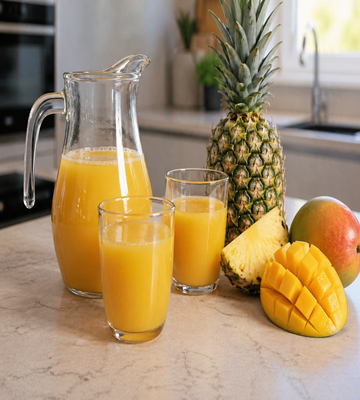 Verse tropisch fruitsap met ananas en mango in glazen op keukenblad