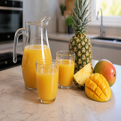 Verse tropisch fruitsap met ananas en mango in glazen op keukenblad