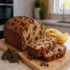 Bananenbrood met chocolade stukjes op houten plank