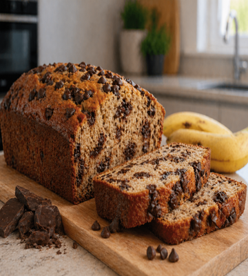 Bananenbrood met chocolade stukjes op houten plank