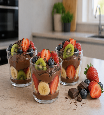 Fruit dessert met chocolade, aardbeien, banaan en kiwi in een glas
