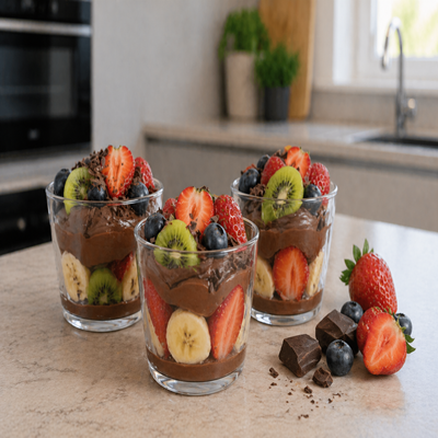 Fruit dessert met chocolade, aardbeien, banaan en kiwi in een glas