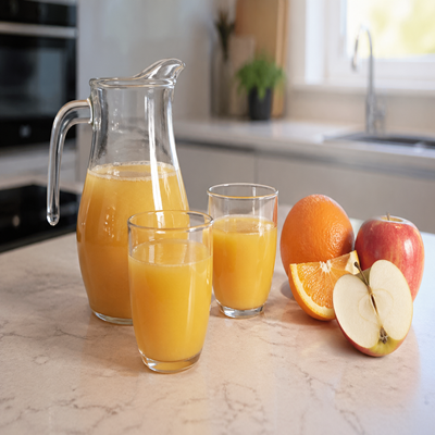 Vers geperst sinaasappelsap met appel en sinaasappel op keukenblad