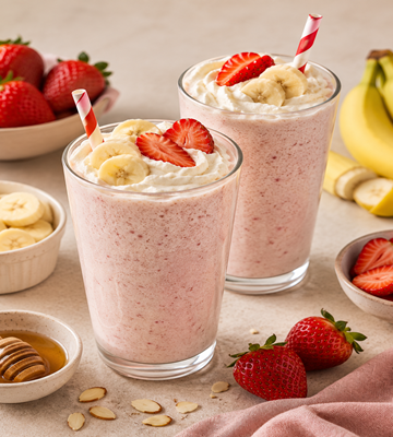 Zachte aardbei banaan milkshake met slagroom, verse aardbeien en banaanschijfjes in glazen met rietjes