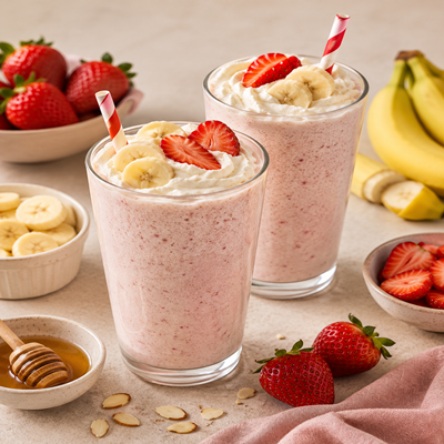 Zachte aardbei banaan milkshake met slagroom, verse aardbeien en banaanschijfjes in glazen met rietjes