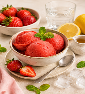 Fris aardbei sorbet ijs in een kom met verse aardbeien, citroen en muntblaadjes