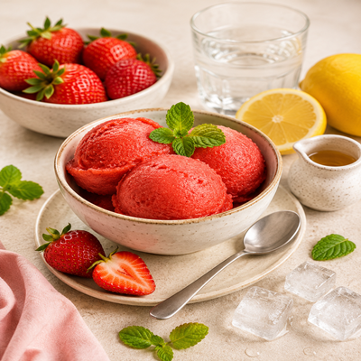 Fris aardbei sorbet ijs in een kom met verse aardbeien, citroen en muntblaadjes