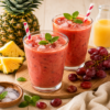 Fruitige druiven ananas smoothie met rode druiven, ananasstukjes en munt in glazen met rietjes