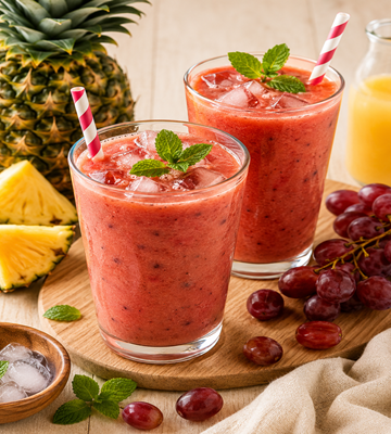 Fruitige druiven ananas smoothie met rode druiven, ananasstukjes en munt in glazen met rietjes
