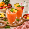 Tropisch aardbei ananas sap met ijsblokjes, aardbeien, ananas en verse munt in hoge glazen