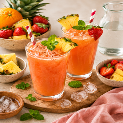 Tropisch aardbei ananas sap met ijsblokjes, aardbeien, ananas en verse munt in hoge glazen