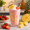 Fruitige aardbei ananas milkshake met slagroom en stukjes vers fruit