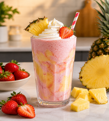 Fruitige aardbei ananas milkshake met slagroom en stukjes vers fruit