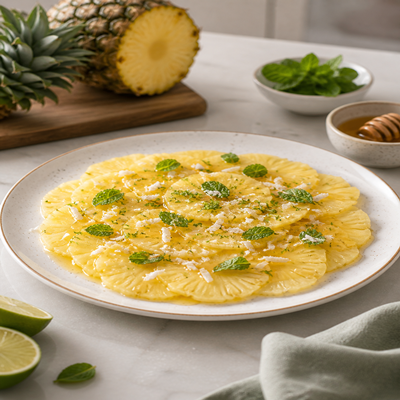 Bord met dun gesneden ananas carpaccio, besprenkeld met honing en kokosrasp en gegarneerd met verse munt, geserveerd op een tafel met een halve ananas op de achtergrond