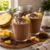 Twee glazen chocolade milkshakes gegarneerd met slagroom, chocoladeschaafsel en verse ananas, geserveerd op een houten plank met een halve ananas en chocolade ernaast
