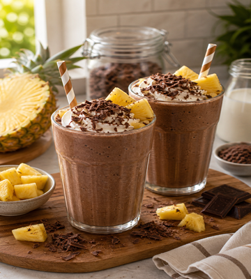Twee glazen chocolade milkshakes gegarneerd met slagroom, chocoladeschaafsel en verse ananas, geserveerd op een houten plank met een halve ananas en chocolade ernaast