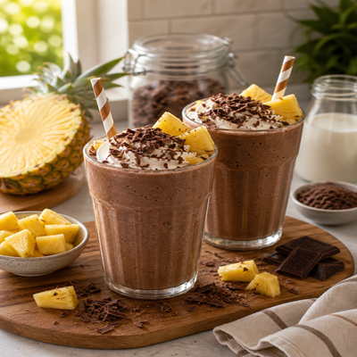 Twee glazen chocolade milkshakes gegarneerd met slagroom, chocoladeschaafsel en verse ananas, geserveerd op een houten plank met een halve ananas en chocolade ernaast