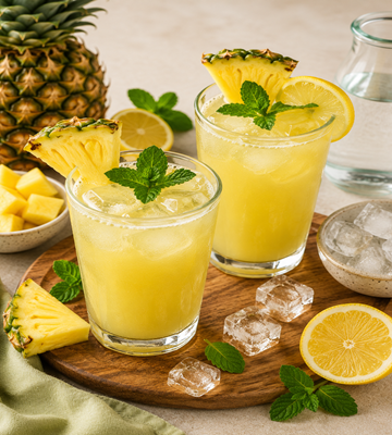 Tropisch detox drankje met ananas, citroen, munt en ijsblokjes in hoge glazen
