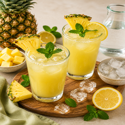 Tropisch detox drankje met ananas, citroen, munt en ijsblokjes in hoge glazen