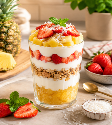 Laagjesdessert met ananas, aardbeien, room en krokante granola in een glas