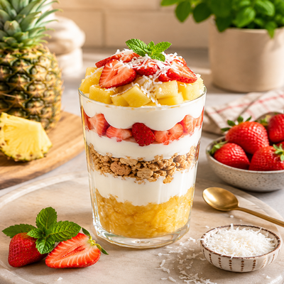 Laagjesdessert met ananas, aardbeien, room en krokante granola in een glas