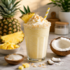 Romige ananas kokos milkshake met slagroom, kokos en verse ananas