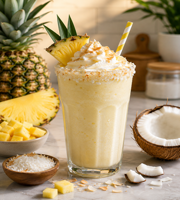 Romige ananas kokos milkshake met slagroom, kokos en verse ananas