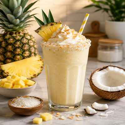 Romige ananas kokos milkshake met slagroom, kokos en verse ananas