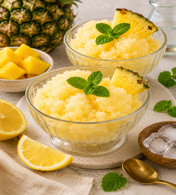 Verkoelende ananas citroen granita met verse ananas, citroen en munt in glazen schaaltjes