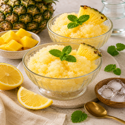 Verkoelende ananas citroen granita met verse ananas, citroen en munt in glazen schaaltjes
