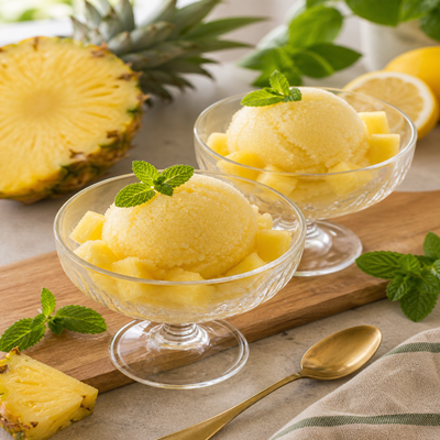 Twee glazen ananas sorbet gegarneerd met verse munt en ananasblokjes, geserveerd op een houten plank met een halve ananas en citroen op de achtergrond