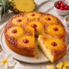 Gouden ananas upside-down cake met gekarameliseerde ananasringen en rode kersen