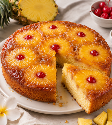 Gouden ananas upside-down cake met gekarameliseerde ananasringen en rode kersen