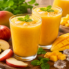 Twee glazen mango appel sap met ijsblokjes, verse mango, appelpartjes en muntblaadjes op een houten plank