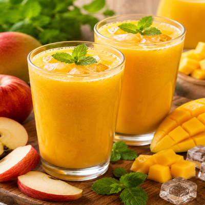 Twee glazen mango appel sap met ijsblokjes, verse mango, appelpartjes en muntblaadjes op een houten plank