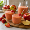 Twee glazen romig appel aardbei sap met verse aardbeien als garnering, geserveerd op een houten plank met appels, aardbeien en een karaf sap op de achtergrond