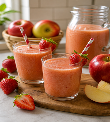 Twee glazen romig appel aardbei sap met verse aardbeien als garnering, geserveerd op een houten plank met appels, aardbeien en een karaf sap op de achtergrond